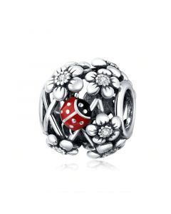 Flower Garden Red Enamel ladybug Charm,Charms for Pandora Bracelet,Charms for Bracelet,Fit Pandora Charms,925 Sterling Silver Charms