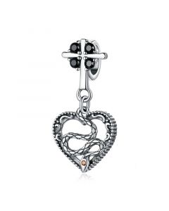 925 Sterling Silver Charms,Fit Pandora Charms,Charms for Bracelet,Charms for Pandora Bracelet,Cross Heart with Snake Black CZ Pendant Charm