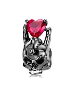 Skull ROCK Gesture Red Heart Black Punk Charm,925 Sterling Silver Charms,Charms for Pandora Bracelet,Fit Pandora Charms,Charms for Bracelet