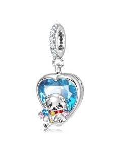Sad Cat Blue Crystal Love Heart Pendant Charm,925 Sterling Silver Charms,Charms for Pandora Bracelet,Fit Pandora Charms,Charms for Bracelet