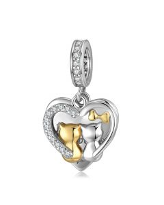 Charms for Bracelet,Charms for Pandora Bracelet,Fit Pandora Charms,925 Sterling Silver Charms,Cat Couple Heart Pendant Charm