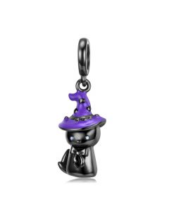 Fit Pandora Charms,Charms for Bracelet,925 Sterling Silver Charms,Cute Black Cat with Purple Hat Dangle Charm,Charms for Pandora Bracelet