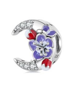 Charms for Pandora Bracelet,925 Sterling Silver Charms,Purple Enamel Flower and Moon Bead Charm,Fit Pandora Charms,Charms for Bracelet