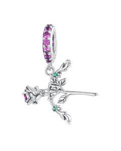 925 Sterling Silver Charms,Arrow Shaped Rose Flower Purple CZ Pendant Charm,Fit Pandora Charms,Charms for Pandora Bracelet