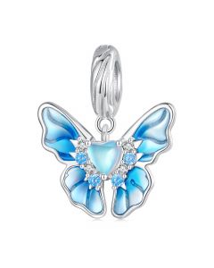 Fit Pandora Charms,Charms for Pandora Bracelet,Blue Enamel Butterfly Moonstone Heart Pendant Charm,925 Sterling Silver Charms