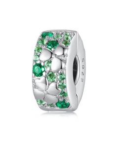 925 Sterling Silver Charms,Fit Pandora Charms,Green Zircon Four-leaf-clover Lucky Round Clip Charm,Charms for Pandora Bracelet