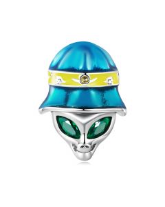 Magic Alien Blue Enamel Hat Green CZ Eyes Charm,925 Sterling Silver Charms,Fit Pandora Charms,Charms for Pandora Bracelet