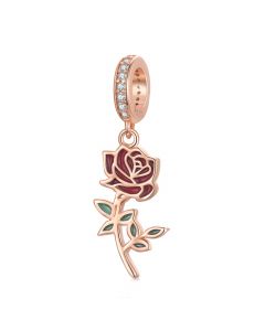 925 Sterling Silver Charms,Fit Pandora Charms,Charms for Pandora Bracelet,Red Rose Flower Pendant Rose Gold Plated CZ Charm