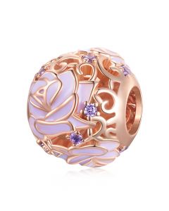 Charms for Pandora Bracelet,925 Sterling Silver Charms,Rose Gold Plated Openwork Purple Rose Flower CZ Bead Charm,Fit Pandora Charms