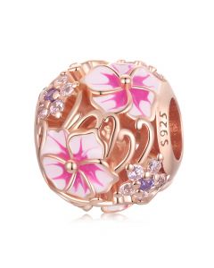 Fit Pandora Charms,925 Sterling Silver Charms,Charms for Pandora Bracelet,Pink Sakura Flower Openwork Rose Gold Plated Bead Charm