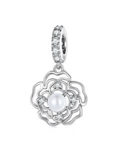 Fit Pandora Charms,Charms for Bracelet,925 Sterling Silver Charms,Charms for Pandora Bracelet,Camellia Flower Pearl Pendant Charm