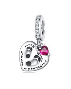 925 Sterling Silver Charms,Baby Growth Footprint Pink CZ Heart Dangle Charm,Charms for Pandora Bracelet,Fit Pandora Charms