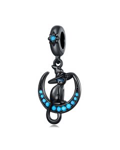Fit Pandora Charms,Cute Funny Black Witch Cat Moon Pendant Charm,Charms for Pandora Bracelet,Charms for Bracelet,925 Sterling Silver Charms