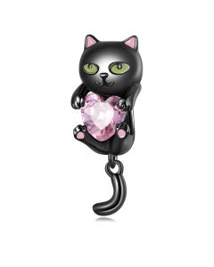 Fit Pandora Charms,Charms for Pandora Bracelet,925 Sterling Silver Charms,Cartoon Black Cat Cute Tail with Pink Heart charm