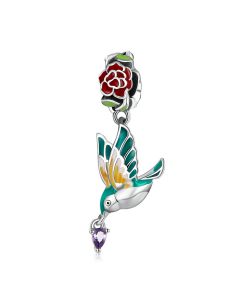 Charms for Pandora Bracelet,Charms for Bracelet,Bird and Rose Flower Dangle Charm,Fit Pandora Charms,925 Sterling Silver Charms