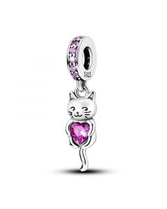 925 Sterling Silver Charms, Glittering Pink My Pet Cat Hug Heart Dangle Charm, Fit Pandora Charms, Charms for Pandora Bracelet