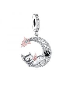Fit Pandora Charms, Angel Cat Sleeping on Moon Footprint Star Pendant Charm, Charms for Pandora Bracelet, 925 Sterling Silver Charms