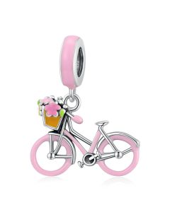 Charms for Bracelet, 925 Sterling Silver Charms, Charms for Pandora Bracelet, Pink Bicycle Flower Basket Pendant Charm, Fit Pandora Charms