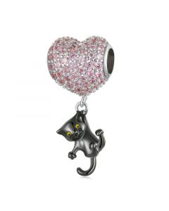 925 Sterling Silver Charms, Hearted-Balloon & Black Cat Pendant Charm, Charms for Pandora Bracelet, Fit Pandora Charms, Charms for Bracelet