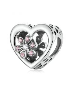 Sakura love Pave Dazzling Zircon Flower Heart Charm, Charms for Pandora Bracelet, 925 Sterling Silver Charms, Fit Pandora Charms