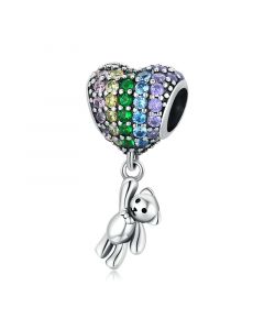 Rainbow Heart Blue Crystal Balloon Bear Pendant Charm, 925 Sterling Silver Charms, Fit Pandora Charms, Charms for Pandora Bracelet
