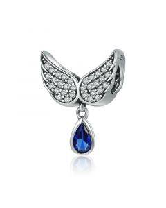 Angel Wings Feather Blue CZ Pendant Charm, 925 Sterling Silver Charms, Charms for Bracelet, Charms for Pandora Bracelet, Fit Pandora Charms