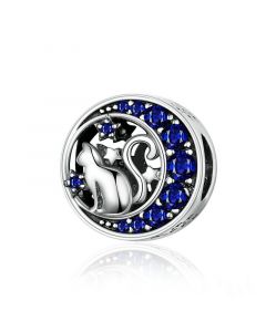 Fit Pandora Charms, 925 Sterling Silver Charms, Cat Kitty in the Moon Blue CZ Charm, Charms for Bracelet, Charms for Pandora Bracelet