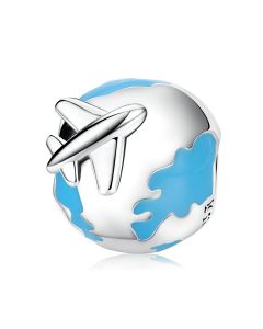 925 Sterling Silver Charms, Travel Round The World Plane Blue Earth, Charms for Pandora Bracelet, Charms for Bracelet, Fit Pandora Charms