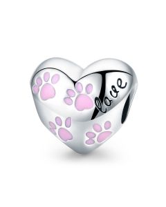 Charms for Bracelet, Fit Pandora Charms, 925 Sterling Silver Charms, Cute Pink Enamel Pet Paw Print Heart Charm, Charms for Pandora Bracelet