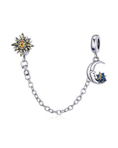 925 Sterling Silver Charms, Sun Moon and Star Pave CZ Safety Chain Charm, Charms for Pandora Bracelet, Fit Pandora Charms