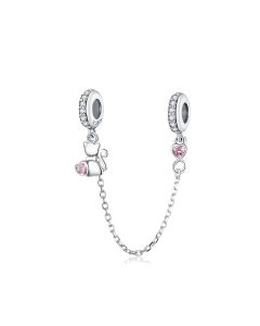 Pet Cat Pink Heart Zircon Safety Chain with Silicone Stopper Charm, Fit Pandora Charms, Charms for Pandora Bracelet
