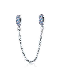 925 Sterling Silver Charms, Fit Pandora Charms, Charms for Pandora Bracelet, Charms for Bracelet, Pink and Blue CZ Round Safety Chain Charm