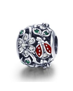 925 Sterling Silver Charms, Charms for Pandora Bracelet, Fit Pandora Charms, Red Ladybug Flower Wonderland Cubic Zircon Charm