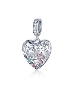 925 Sterling Silver Charms, Charms for Pandora Bracelet, Fit Pandora Charms, Charms for Bracelet, Openwork Heart CZ Inside Pendant Charm