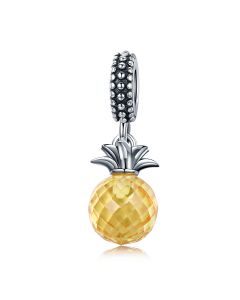 925 Sterling Silver Charms, Fit Pandora Charms, Charms for Pandora Bracelet, Summer Yellow Crystal Pineapple Pendant Charm