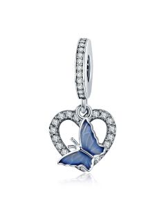 Charms for Pandora Bracelet, 925 Sterling Silver Charms, Fit Pandora Charms, Blue Enamel Butterfly on Heart Pendant Charm