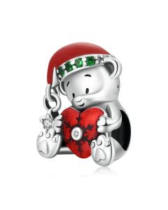 925 Sterling Silver Charms, Charms for Bracelet, Christmas Bear Read Heart Charm, Fit Pandora Charms, Charms for Pandora Bracelet