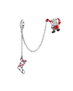 Santa Claus Christmas Present Safety Chain Charm, 925 Sterling Silver Charms, Charms for Pandora Bracelet, Fit Pandora Charms