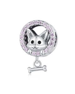 Pink Zircon Corgi Dog with Bone Charm, 925 Sterling Silver Charms, Charms for Bracelet, Charms for Pandora Bracelet, Fit Pandora Charms