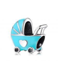 925 Sterling Silver Charms, Fit Pandora Charms, Blue Enamel Baby Carriage Charm, Baby Stroller Charm, Charms for Pandora Bracelet