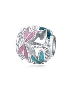 Charms for Bracelet, 925 Sterling Silver Charms, Fit Pandora Charms, Pink Green Dragonfly Openwork Charm, Charms for Pandora Bracelet