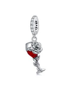 925 Sterling Silver Charms, Charms for Pandora Bracelet, Wine Glass with Rose Flower Charm, Fit Pandora Charms, Charms for Bracelet