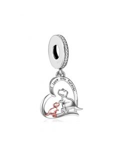 925 Sterling Silver Charms, Fit Pandora Charms, Charms for Bracelet, Charms for Pandora Bracelet, Dinosaur Mom and Baby Love Heart Charm