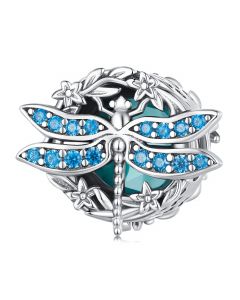 Fit Pandora Charms, Charms for Pandora Bracelet, Blue Zircon Dragonfly Garland Charm, Charms for Bracelet, 925 Sterling Silver Charms