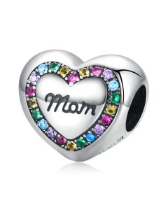 Charms for Bracelet, Fit Pandora Charms, 925 Sterling Silver Charms, Love Mom Rainbow CZ Heart Charm, Charms for Pandora Bracelet