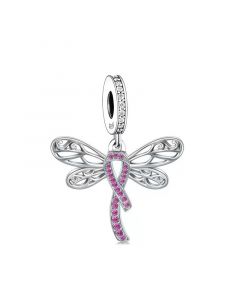 Dragonfly with Pink Ribbon Breast Cancer Awareness Charm, Charms for Pandora Bracelet, Fit Pandora Charms, 925 Sterling Silver Charms