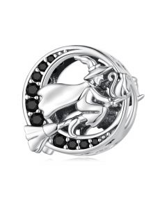 Charms for Bracelet, Charms for Pandora Bracelet, 925 Sterling Silver Charms, Fit Pandora Charms, Halloween Witch Flying on The Moon Charm