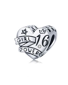 Charms for Pandora Bracelet, Fit Pandora Charms, 925 Sterling Silver Charms, 16 Years Old Charm Charm, Girl Power Heart Charm