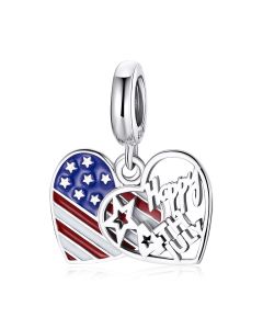925 Sterling Silver Charms, Charms for Pandora Bracelet, Happy 4th July Charm, American Flag Heart Charm, Fit Pandora Charms