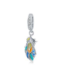 Colorful Feathers Charm, Charms for Bracelet, 925 Sterling Silver Charms, Fit Pandora Charms, Charms for Pandora Bracelet